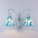 Scalloped Wall Sconce Light with Leaf Pattern 2 Lights Stained Glass Loft Wall Lighting in Blue/Beige Blue Clearhalo 'Industrial' 'Middle century wall lights' 'Tiffany wall lights' 'Tiffany' 'Wall Lamps & Sconces' 'Wall Lights' Lighting' 29066