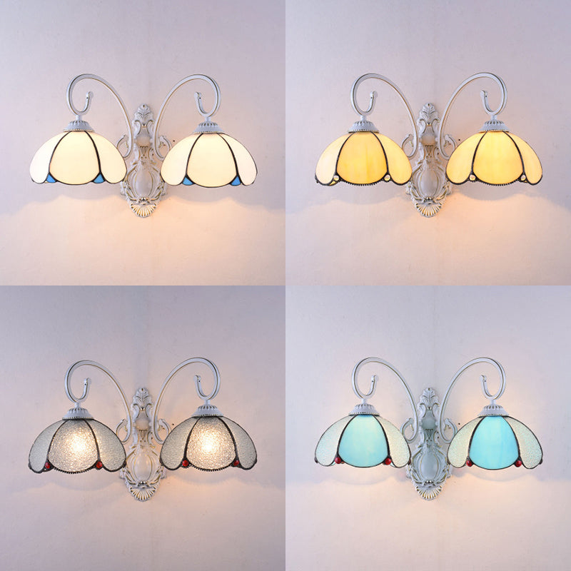 Stained Glass Scalloped Wall Light with White Curved Arm 2 Lights Traditional Sconce Light in White/Clear/Blue/Beige Clearhalo 'Industrial' 'Middle century wall lights' 'Tiffany wall lights' 'Tiffany' 'Wall Lamps & Sconces' 'Wall Lights' Lighting' 29074