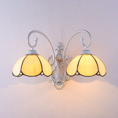 Stained Glass Scalloped Wall Light with White Curved Arm 2 Lights Traditional Sconce Light in White/Clear/Blue/Beige Beige Clearhalo 'Industrial' 'Middle century wall lights' 'Tiffany wall lights' 'Tiffany' 'Wall Lamps & Sconces' 'Wall Lights' Lighting' 29075