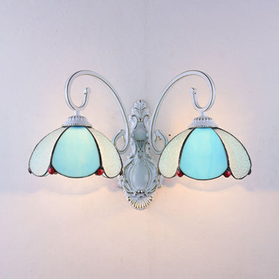 Stained Glass Scalloped Wall Light with White Curved Arm 2 Lights Traditional Sconce Light in White/Clear/Blue/Beige Blue Clearhalo 'Industrial' 'Middle century wall lights' 'Tiffany wall lights' 'Tiffany' 'Wall Lamps & Sconces' 'Wall Lights' Lighting' 29076
