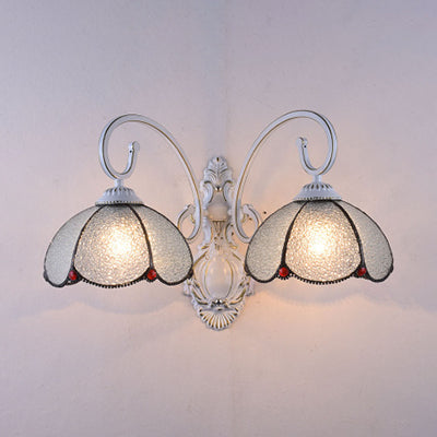 Stained Glass Scalloped Wall Light with White Curved Arm 2 Lights Traditional Sconce Light in White/Clear/Blue/Beige Clear Clearhalo 'Industrial' 'Middle century wall lights' 'Tiffany wall lights' 'Tiffany' 'Wall Lamps & Sconces' 'Wall Lights' Lighting' 29077