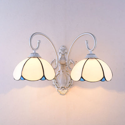 Stained Glass Scalloped Wall Light with White Curved Arm 2 Lights Traditional Sconce Light in White/Clear/Blue/Beige White Clearhalo 'Industrial' 'Middle century wall lights' 'Tiffany wall lights' 'Tiffany' 'Wall Lamps & Sconces' 'Wall Lights' Lighting' 29078