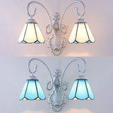Vintage Retro Cone Wall Lighting Stained Glass 2 Heads Wall Light Fixture in White/Blue for Bedroom Clearhalo 'Industrial' 'Middle century wall lights' 'Tiffany wall lights' 'Tiffany' 'Wall Lamps & Sconces' 'Wall Lights' Lighting' 29079