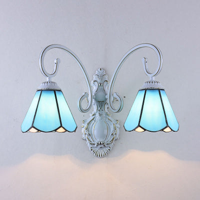 Vintage Retro Cone Wall Lighting Stained Glass 2 Heads Wall Light Fixture in White/Blue for Bedroom Blue Clearhalo 'Industrial' 'Middle century wall lights' 'Tiffany wall lights' 'Tiffany' 'Wall Lamps & Sconces' 'Wall Lights' Lighting' 29080