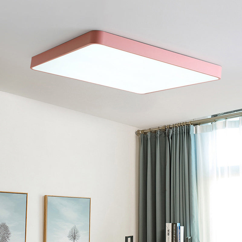 Square/Rectangle Ceiling Lamp Simplicity Metal LED Pink Flush Mount Lighting in Warm/White Light, 19.5"/25.5" Long Pink 25.5" Clearhalo 'Ceiling Lights' 'Close To Ceiling Lights' 'Close to ceiling' 'Flush mount' Lighting' 291015