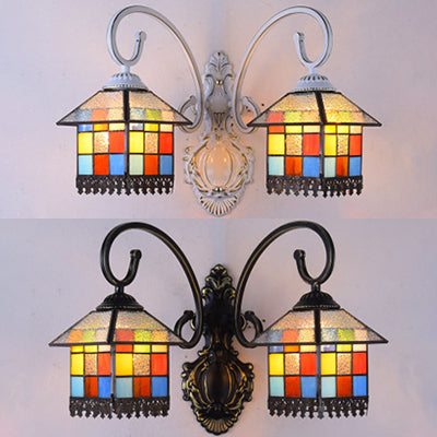 Lodge Style House Sconce Lamp Stained Glass 2 Heads Wall Light in White/Antique Bronze for Dining Room Clearhalo 'Industrial' 'Middle century wall lights' 'Tiffany wall lights' 'Tiffany' 'Wall Lamps & Sconces' 'Wall Lights' Lighting' 29106