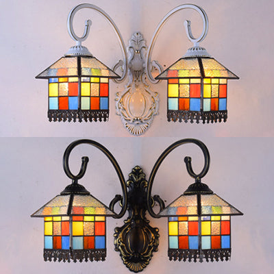 Lodge Style House Sconce Lamp Stained Glass 2 Heads Wall Light in White/Antique Bronze for Dining Room Clearhalo 'Industrial' 'Middle century wall lights' 'Tiffany wall lights' 'Tiffany' 'Wall Lamps & Sconces' 'Wall Lights' Lighting' 29106