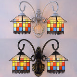 Lodge Style House Sconce Lamp Stained Glass 2 Heads Wall Light in White/Antique Bronze for Dining Room Clearhalo 'Industrial' 'Middle century wall lights' 'Tiffany wall lights' 'Tiffany' 'Wall Lamps & Sconces' 'Wall Lights' Lighting' 29106