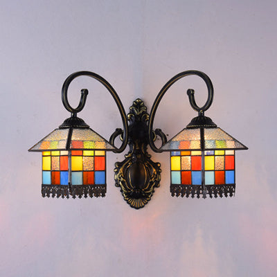Lodge Style House Sconce Lamp Stained Glass 2 Heads Wall Light in White/Antique Bronze for Dining Room Antique Bronze Clearhalo 'Industrial' 'Middle century wall lights' 'Tiffany wall lights' 'Tiffany' 'Wall Lamps & Sconces' 'Wall Lights' Lighting' 29107