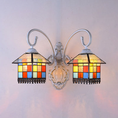 Lodge Style House Sconce Lamp Stained Glass 2 Heads Wall Light in White/Antique Bronze for Dining Room White Clearhalo 'Industrial' 'Middle century wall lights' 'Tiffany wall lights' 'Tiffany' 'Wall Lamps & Sconces' 'Wall Lights' Lighting' 29108