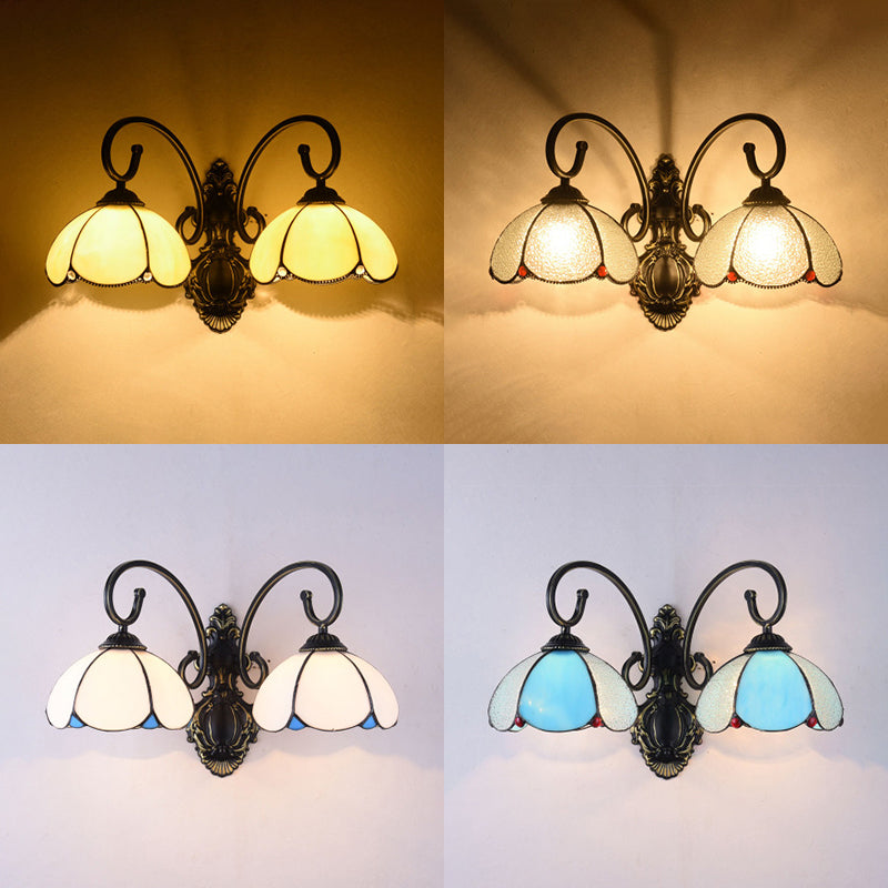 Lodge Style Floral Wall Lamp 2 Heads Stained Glass and Metal Bedroom Wall Light in White/Clear/Blue/Beige Clearhalo 'Industrial' 'Middle century wall lights' 'Tiffany wall lights' 'Tiffany' 'Wall Lamps & Sconces' 'Wall Lights' Lighting' 29123