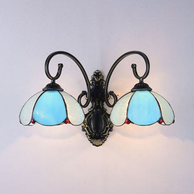 Lodge Style Floral Wall Lamp 2 Heads Stained Glass and Metal Bedroom Wall Light in White/Clear/Blue/Beige Blue Clearhalo 'Industrial' 'Middle century wall lights' 'Tiffany wall lights' 'Tiffany' 'Wall Lamps & Sconces' 'Wall Lights' Lighting' 29125
