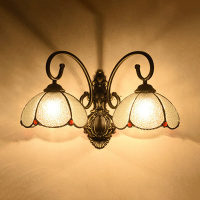 Lodge Style Floral Wall Lamp 2 Heads Stained Glass and Metal Bedroom Wall Light in White/Clear/Blue/Beige Clear Clearhalo 'Industrial' 'Middle century wall lights' 'Tiffany wall lights' 'Tiffany' 'Wall Lamps & Sconces' 'Wall Lights' Lighting' 29126
