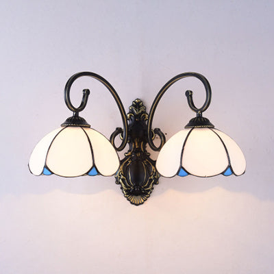 Lodge Style Floral Wall Lamp 2 Heads Stained Glass and Metal Bedroom Wall Light in White/Clear/Blue/Beige White Clearhalo 'Industrial' 'Middle century wall lights' 'Tiffany wall lights' 'Tiffany' 'Wall Lamps & Sconces' 'Wall Lights' Lighting' 29127