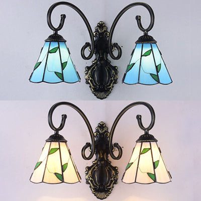 Stained Glass Leaf Wall Lamp Country Style 2 Lights Wall Mount Light in Blue/Beige for Dining Room Clearhalo 'Industrial' 'Middle century wall lights' 'Tiffany wall lights' 'Tiffany' 'Wall Lamps & Sconces' 'Wall Lights' Lighting' 29145