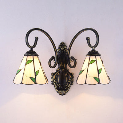 Stained Glass Leaf Wall Lamp Country Style 2 Lights Wall Mount Light in Blue/Beige for Dining Room Beige Clearhalo 'Industrial' 'Middle century wall lights' 'Tiffany wall lights' 'Tiffany' 'Wall Lamps & Sconces' 'Wall Lights' Lighting' 29146