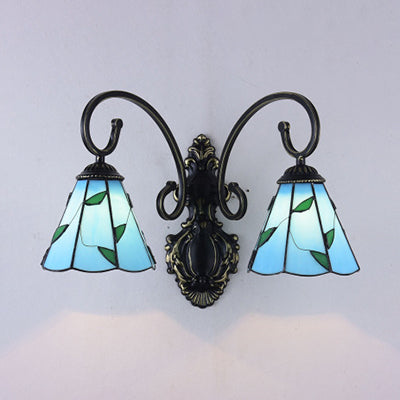 Stained Glass Leaf Wall Lamp Country Style 2 Lights Wall Mount Light in Blue/Beige for Dining Room Blue Clearhalo 'Industrial' 'Middle century wall lights' 'Tiffany wall lights' 'Tiffany' 'Wall Lamps & Sconces' 'Wall Lights' Lighting' 29147