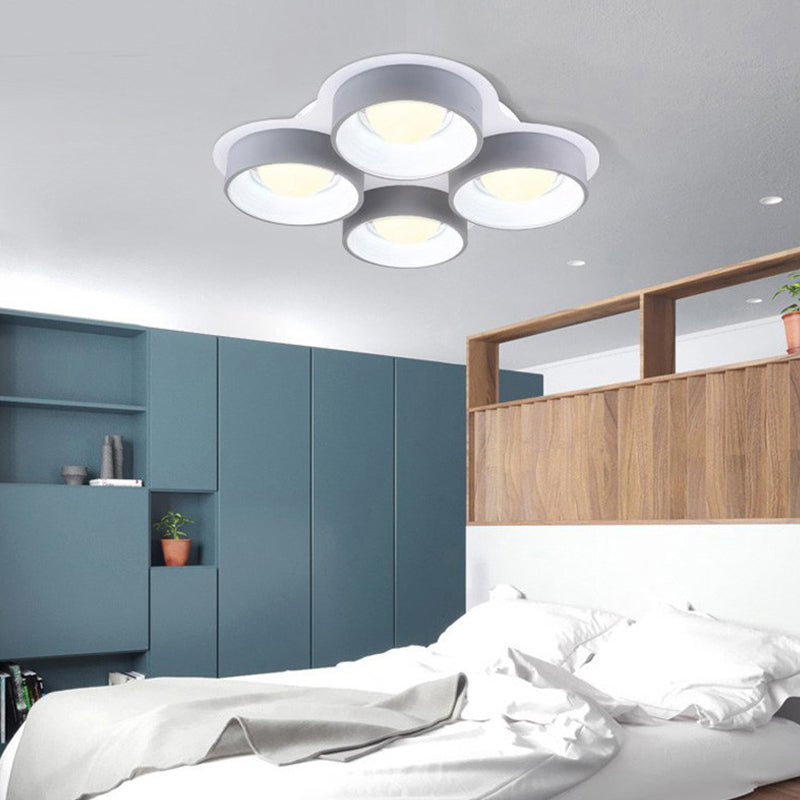 Minimalist Drum LED Ceiling Lamp Metal 4/6 Lights 21.5"/32.5" W Bedroom Flush Mount Ceiling Lighting Fixture in Grey Clearhalo 'Ceiling Lights' 'Close To Ceiling Lights' 'Close to ceiling' 'Flush mount' Lighting' 291492