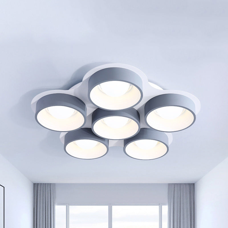 Minimalist Drum LED Ceiling Lamp Metal 4/6 Lights 21.5"/32.5" W Bedroom Flush Mount Ceiling Lighting Fixture in Grey Grey 32.5" Clearhalo 'Ceiling Lights' 'Close To Ceiling Lights' 'Close to ceiling' 'Flush mount' Lighting' 291495