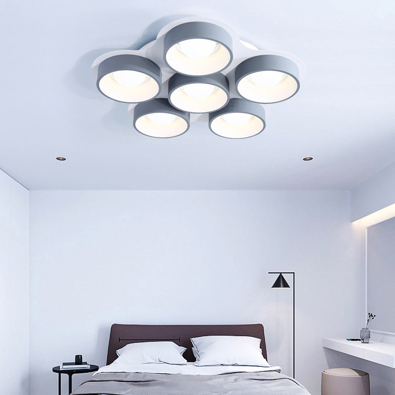 Minimalist Drum LED Ceiling Lamp Metal 4/6 Lights 21.5"/32.5" W Bedroom Flush Mount Ceiling Lighting Fixture in Grey Clearhalo 'Ceiling Lights' 'Close To Ceiling Lights' 'Close to ceiling' 'Flush mount' Lighting' 291498