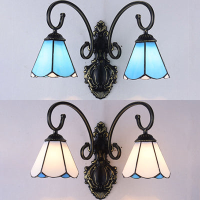 Tiffany Style Cone Wall Mount Light Stained Glass 2 Lights Wall Lighting in White/Blue for Corridor Clearhalo 'Industrial' 'Middle century wall lights' 'Tiffany wall lights' 'Tiffany' 'Wall Lamps & Sconces' 'Wall Lights' Lighting' 29153