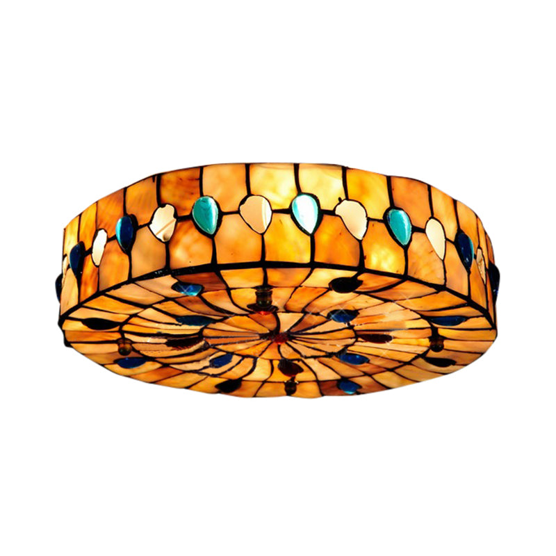 Stained Glass Ceiling Light Fixture, Drum Semi Flush Light with Jewel Decoration Tiffany Style Blue 14" Clearhalo 'Ceiling Lights' 'Close To Ceiling Lights' 'Close to ceiling' 'Flush mount' Lighting' 2920