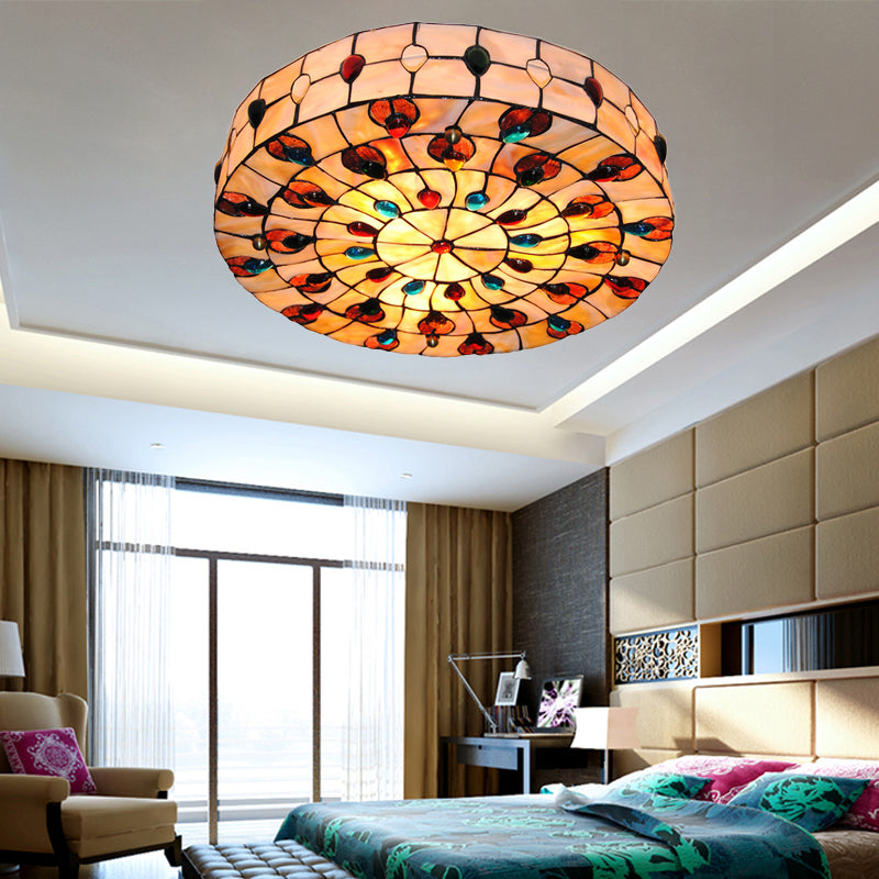 Stained Glass Ceiling Light Fixture, Drum Semi Flush Light with Jewel Decoration Tiffany Style Red 18" Clearhalo 'Ceiling Lights' 'Close To Ceiling Lights' 'Close to ceiling' 'Flush mount' Lighting' 2923