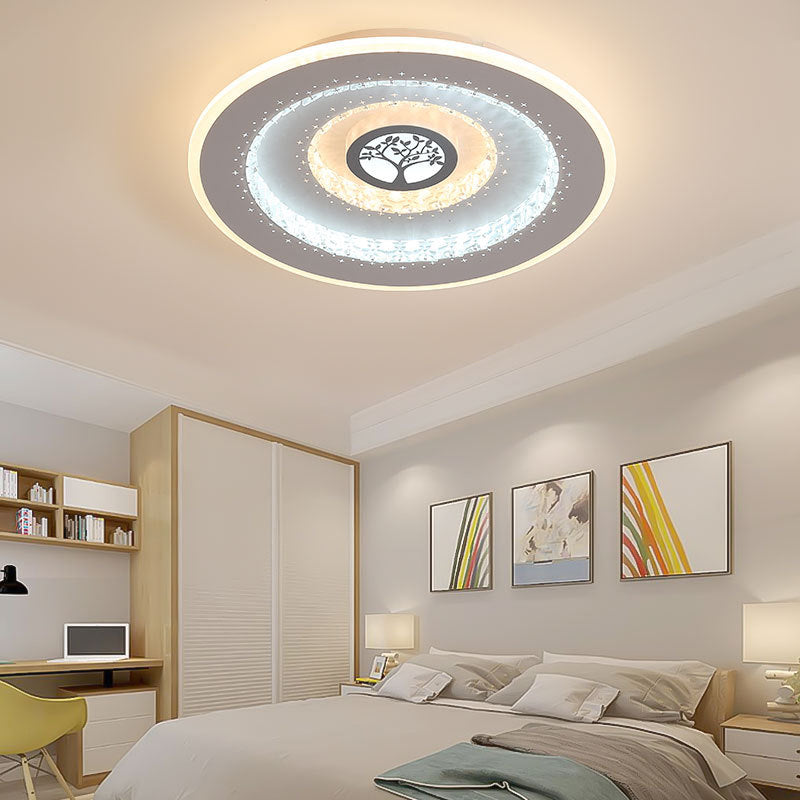 White Round Crystal LED Ceiling Light Modern Exquisite Tree Pattern Flushmount Lighting in White/Warm Light Clearhalo 'Ceiling Lights' 'Close To Ceiling Lights' 'Close to ceiling' 'Flush mount' Lighting' 292568