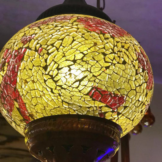 Blue/Yellow 8 Lights Chandelier Lighting Fixture Moroccan Stained Glass Globe Hanging Ceiling Light Clearhalo 'Ceiling Lights' 'Chandeliers' 'Glass shade' 'Glass' 'Pendant Lights' Lighting' 292611