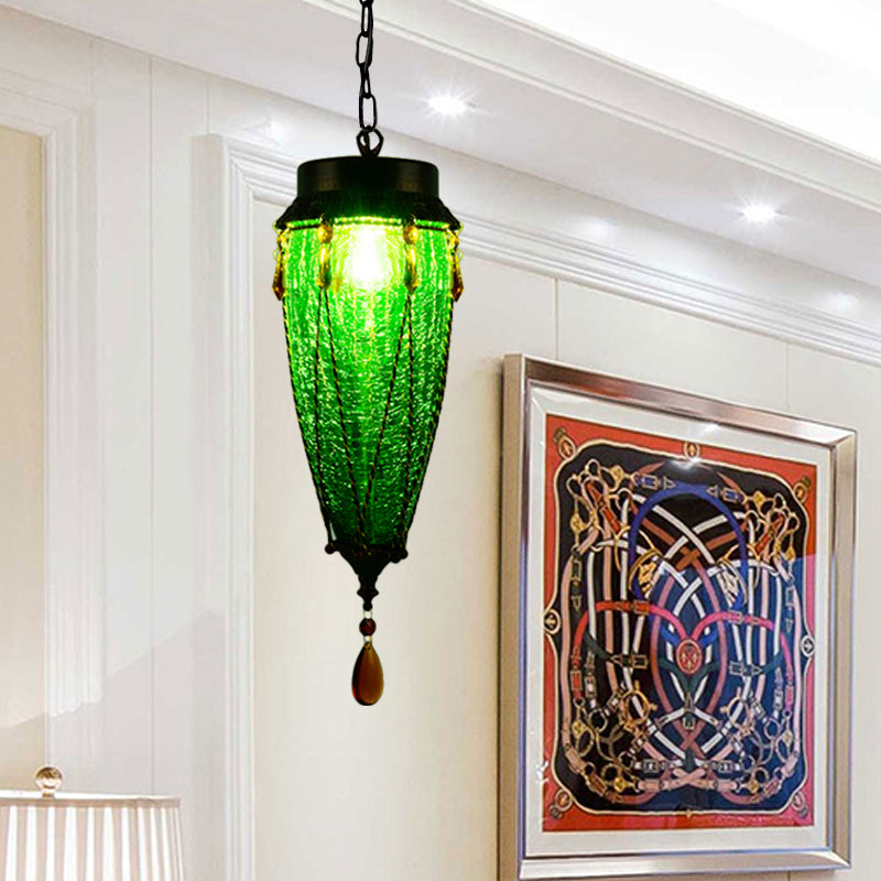 Conical Red/Yellow/Blue Glass Pendant Light Fixture Vintage Style 1 Light Restaurant Down Lighting Green Clearhalo 'Ceiling Lights' 'Glass shade' 'Glass' 'Pendant Lights' 'Pendants' Lighting' 292615