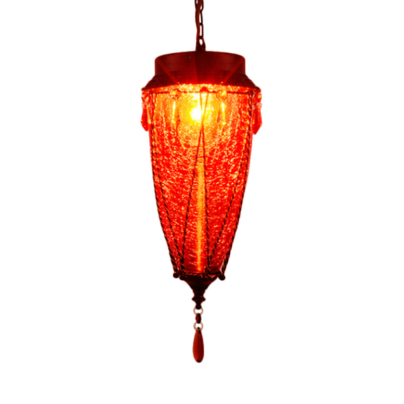 Conical Red/Yellow/Blue Glass Pendant Light Fixture Vintage Style 1 Light Restaurant Down Lighting Red Clearhalo 'Ceiling Lights' 'Glass shade' 'Glass' 'Pendant Lights' 'Pendants' Lighting' 292620