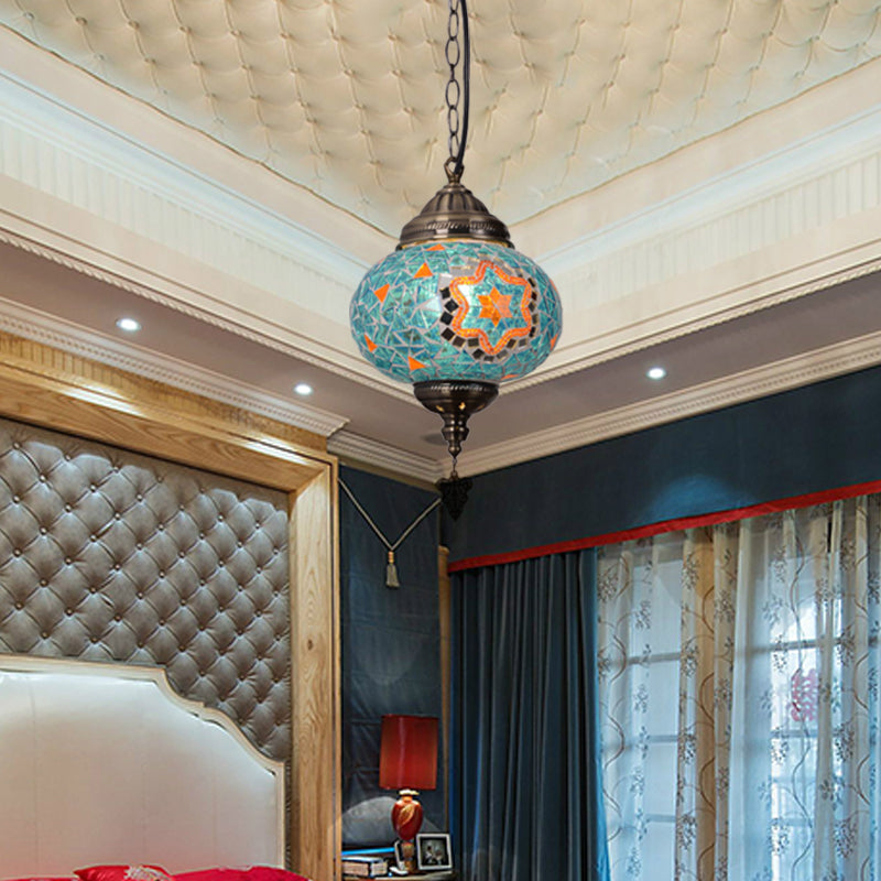 Stained Glass Spherical Hanging Light Vintage 1 Light Living Room Drop Pendant in Red/Blue/Yellow Clearhalo 'Ceiling Lights' 'Close To Ceiling Lights' 'Glass shade' 'Glass' 'Pendant Lights' 'Pendants' Lighting' 292628