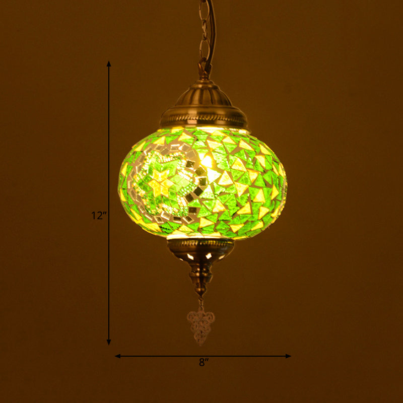 Stained Glass Spherical Hanging Light Vintage 1 Light Living Room Drop Pendant in Red/Blue/Yellow Clearhalo 'Ceiling Lights' 'Close To Ceiling Lights' 'Glass shade' 'Glass' 'Pendant Lights' 'Pendants' Lighting' 292633