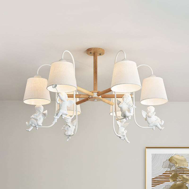 White Barrel Chandelier Lamp Contemporary 6 Heads Fabric Suspension Light with Angel Decoration White Clearhalo 'Carpenter Chandeliers' 'Ceiling Lights' 'Chandeliers' 'Industrial' 'Modern Chandeliers' 'Modern' Lighting' 292723