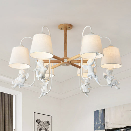 White Barrel Chandelier Lamp Contemporary 6 Heads Fabric Suspension Light with Angel Decoration Clearhalo 'Carpenter Chandeliers' 'Ceiling Lights' 'Chandeliers' 'Industrial' 'Modern Chandeliers' 'Modern' Lighting' 292724