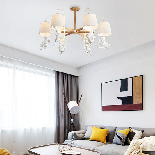 White Barrel Chandelier Lamp Contemporary 6 Heads Fabric Suspension Light with Angel Decoration Clearhalo 'Carpenter Chandeliers' 'Ceiling Lights' 'Chandeliers' 'Industrial' 'Modern Chandeliers' 'Modern' Lighting' 292725