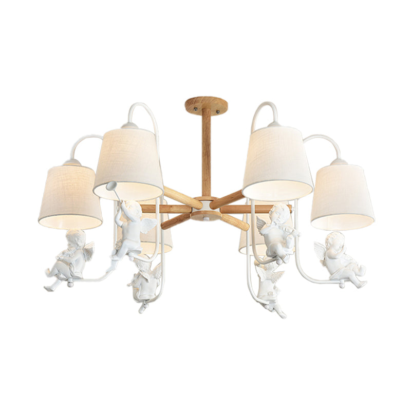 White Barrel Chandelier Lamp Contemporary 6 Heads Fabric Suspension Light with Angel Decoration Clearhalo 'Carpenter Chandeliers' 'Ceiling Lights' 'Chandeliers' 'Industrial' 'Modern Chandeliers' 'Modern' Lighting' 292726