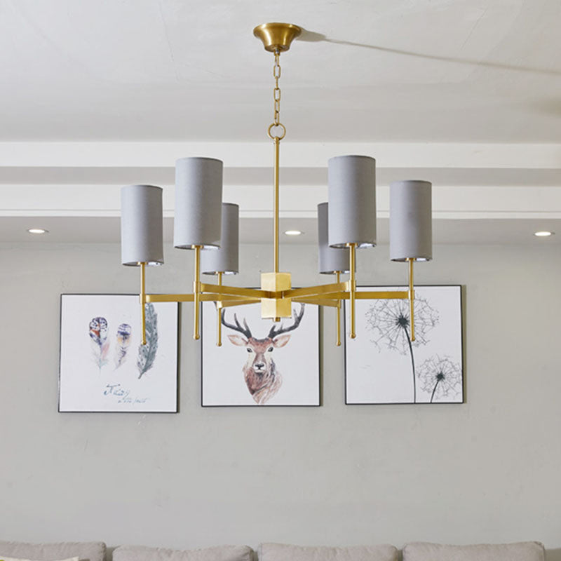 Cylinder Suspension Light Modern Fabric 6 Heads Grey/White Hanging Chandelier for Living Room Grey Clearhalo 'Ceiling Lights' 'Chandeliers' 'Modern Chandeliers' 'Modern' Lighting' 292792