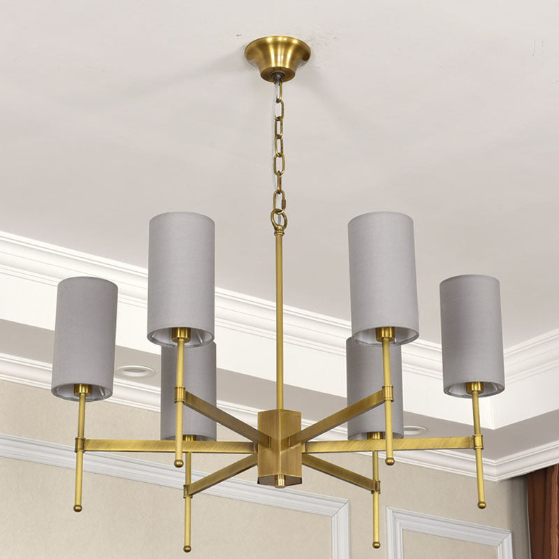 Cylinder Suspension Light Modern Fabric 6 Heads Grey/White Hanging Chandelier for Living Room Clearhalo 'Ceiling Lights' 'Chandeliers' 'Modern Chandeliers' 'Modern' Lighting' 292793