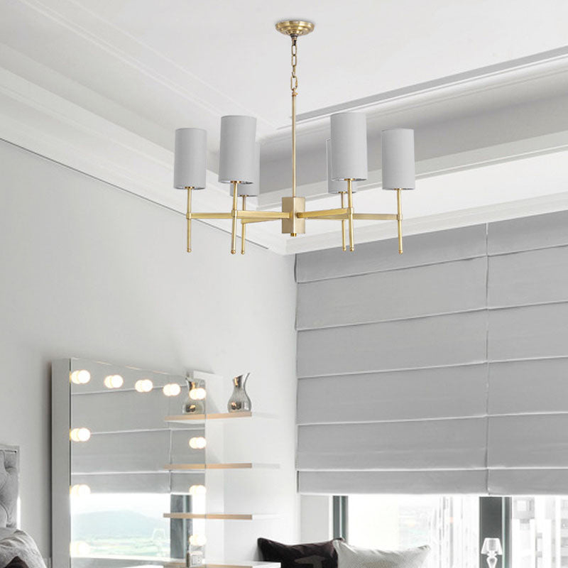 Cylinder Suspension Light Modern Fabric 6 Heads Grey/White Hanging Chandelier for Living Room Clearhalo 'Ceiling Lights' 'Chandeliers' 'Modern Chandeliers' 'Modern' Lighting' 292794