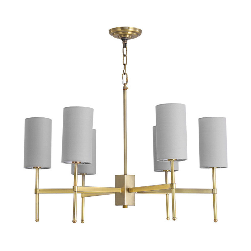 Cylinder Suspension Light Modern Fabric 6 Heads Grey/White Hanging Chandelier for Living Room Clearhalo 'Ceiling Lights' 'Chandeliers' 'Modern Chandeliers' 'Modern' Lighting' 292795