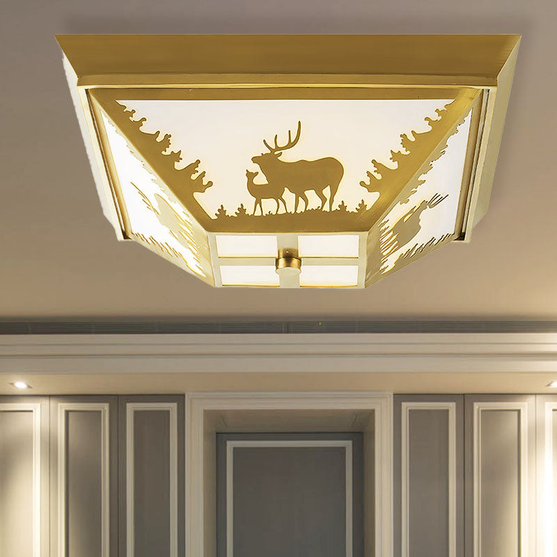 Brass Trapezoid Flush Lighting Vintage Metal 4 Bulbs Living Room Ceiling Mount Lamp Clearhalo 'Ceiling Lights' 'Close To Ceiling Lights' 'Close to ceiling' 'Flush mount' Lighting' 292901