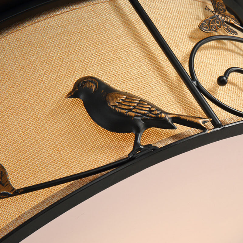 Black Drum Flush Mount Fixture Countryside Fabric Living Room LED Ceiling Mounted Light with Bird/Deer Dec Clearhalo 'Ceiling Lights' 'Close To Ceiling Lights' 'Close to ceiling' 'Flush mount' Lighting' 292921