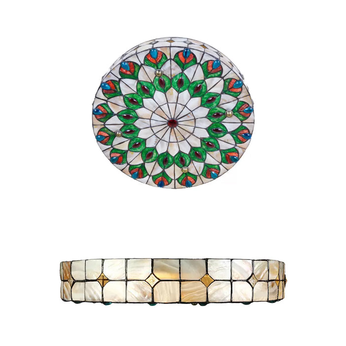 Bedroom Ceiling Lights Tiffany, 4 Lights Drum Flushmount Lighting with Peacock Pattern and Art Glass Shade Green Clearhalo 'Ceiling Lights' 'Close To Ceiling Lights' 'Close to ceiling' 'Flush mount' Lighting' 2930