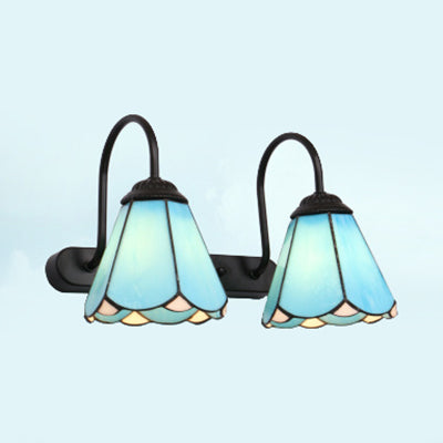 Black 2 Heads Vanity Wall Light Tiffany White/Blue Glass Cone Sconce Light Fixture for Bedroom Blue Clearhalo 'Industrial' 'Middle century wall lights' 'Tiffany wall lights' 'Tiffany' 'Wall Lamps & Sconces' 'Wall Lights' Lighting' 29301
