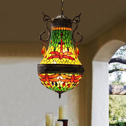 Dragonfly Chandelier 6 Lights Stained Glass Tiffany Pendant Lighting in Red/Yellow/Green for Dining Room Green Clearhalo 'Ceiling Lights' 'Chandeliers' 'Industrial' 'Middle Century Chandeliers' 'Tiffany Chandeliers' 'Tiffany close to ceiling' 'Tiffany' Lighting' 293087