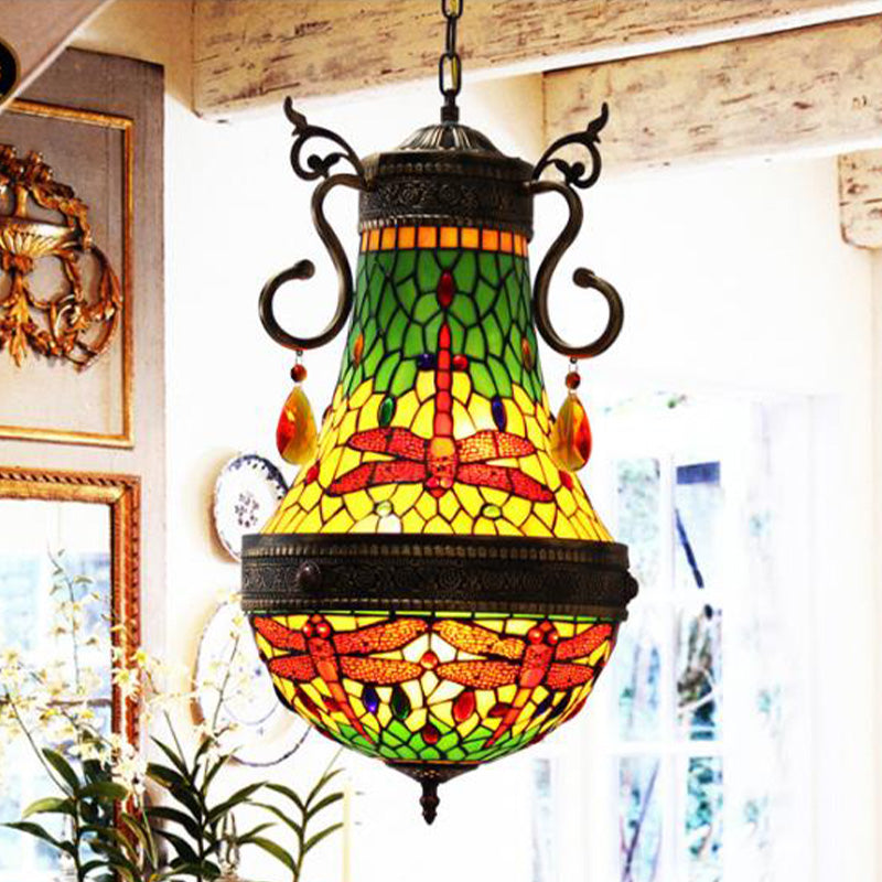 Dragonfly Chandelier 6 Lights Stained Glass Tiffany Pendant Lighting in Red/Yellow/Green for Dining Room Clearhalo 'Ceiling Lights' 'Chandeliers' 'Industrial' 'Middle Century Chandeliers' 'Tiffany Chandeliers' 'Tiffany close to ceiling' 'Tiffany' Lighting' 293088