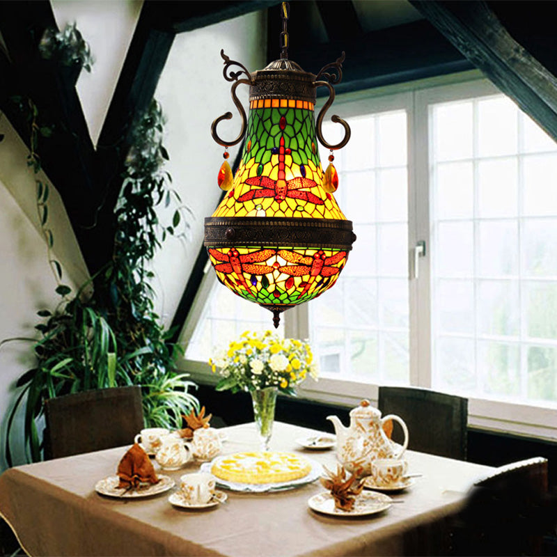 Dragonfly Chandelier 6 Lights Stained Glass Tiffany Pendant Lighting in Red/Yellow/Green for Dining Room Clearhalo 'Ceiling Lights' 'Chandeliers' 'Industrial' 'Middle Century Chandeliers' 'Tiffany Chandeliers' 'Tiffany close to ceiling' 'Tiffany' Lighting' 293089