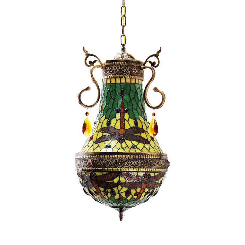 Dragonfly Chandelier 6 Lights Stained Glass Tiffany Pendant Lighting in Red/Yellow/Green for Dining Room Clearhalo 'Ceiling Lights' 'Chandeliers' 'Industrial' 'Middle Century Chandeliers' 'Tiffany Chandeliers' 'Tiffany close to ceiling' 'Tiffany' Lighting' 293090