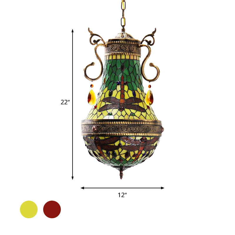 Dragonfly Chandelier 6 Lights Stained Glass Tiffany Pendant Lighting in Red/Yellow/Green for Dining Room Clearhalo 'Ceiling Lights' 'Chandeliers' 'Industrial' 'Middle Century Chandeliers' 'Tiffany Chandeliers' 'Tiffany close to ceiling' 'Tiffany' Lighting' 293091
